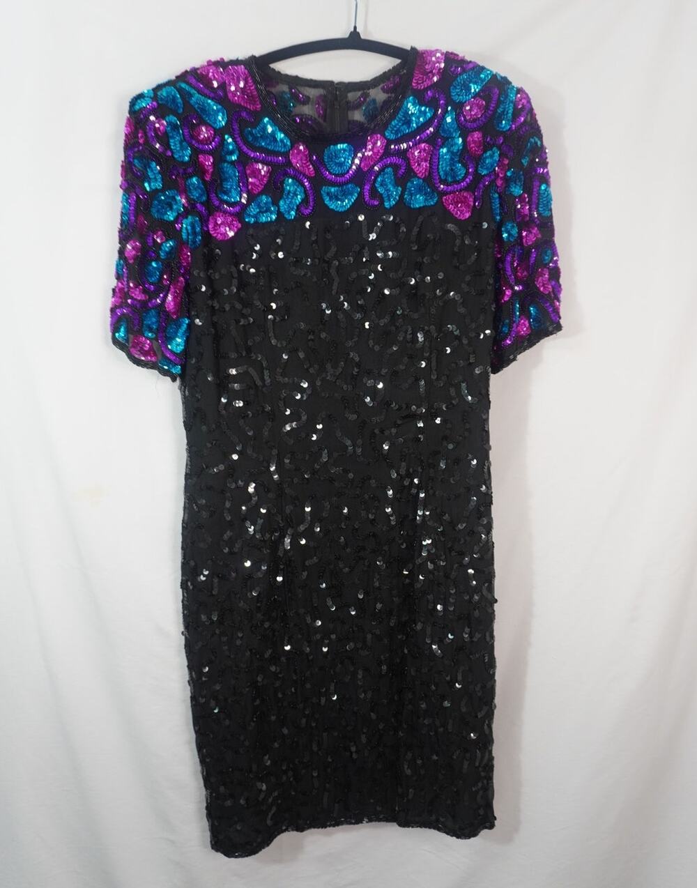 Vintage 80s Stenay Silk Sequin Cocktail Dress Size 12 Peacock Glam